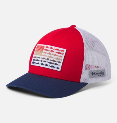 Boné Columbia PFG Mesh Snap Back™ Fish Flag Ballcap Feminino Vermelhas Branco Azul Marinho Portugal | 103769-W2UT