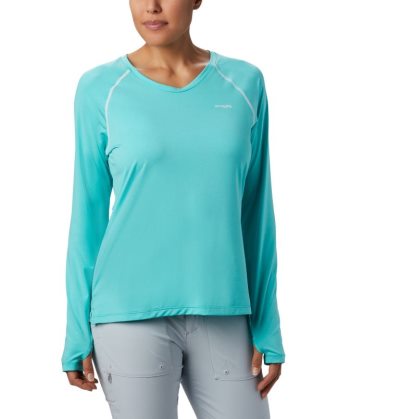 Camisetas Columbia PFG Tamiami™ Heather Knit Long Sleeve Feminino Turquesa Branco Portugal | 129212-UR17