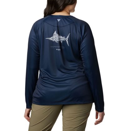 Camisetas Columbia PFG Tidal™ Tee Long Sleeve Printed Fish Shirt Feminino Azul Marinho Branco Portugal | 143510-QU5S