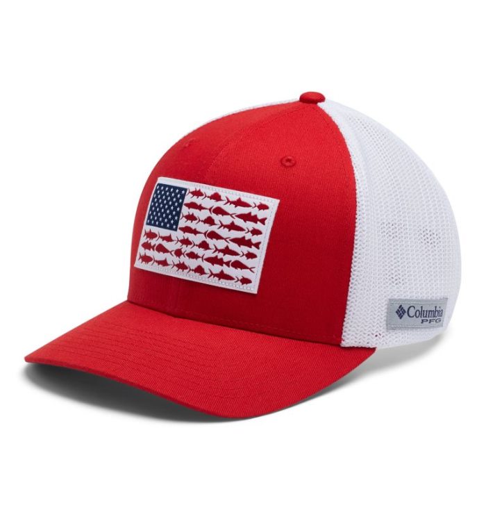 Boné Columbia PFG Mesh Fish Flag Ball Cap Feminino Vermelhas Branco Portugal | 145416-HHL8