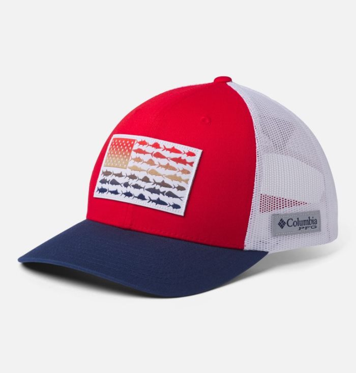 Boné Columbia PFG Mesh Snap Back™ Fish Flag Ballcap Masculino Vermelhas Branco Azul Marinho Portugal | 158475-2NW1