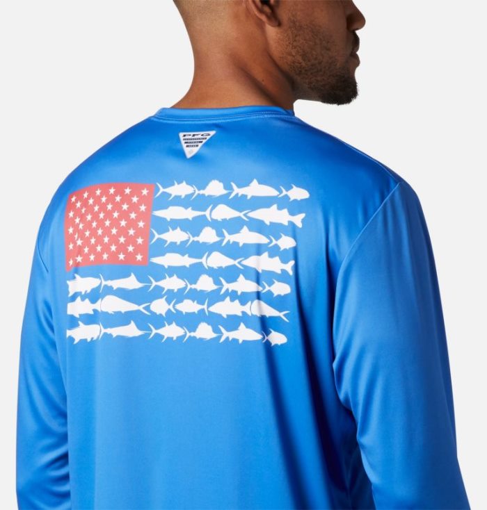 Camisetas Columbia Terminal Tackle PFG Fish Flag™ Long Sleeve Shirt Masculino Azuis Branco Portugal | 142449-UI1G