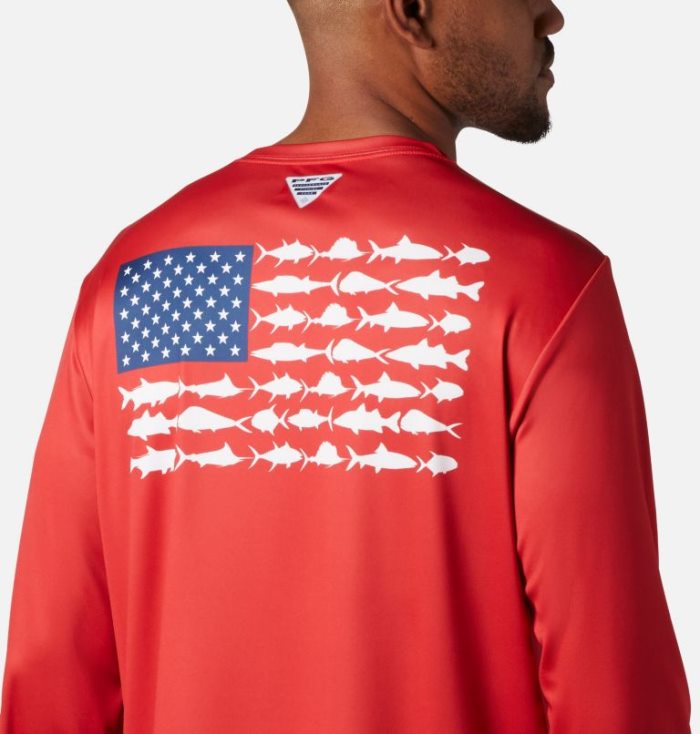 Camisetas Columbia Terminal Tackle PFG Fish Flag™ Long Sleeve Shirt Masculino Vermelhas Branco Portugal | 174257-2D0O